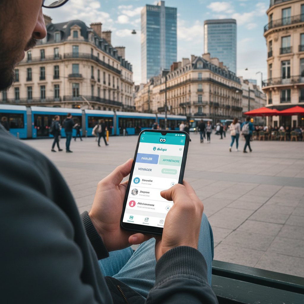 Osoba korzystająca z aplikacji do nauki francuskiego na smartfonie, francuskie słowa na ekranie