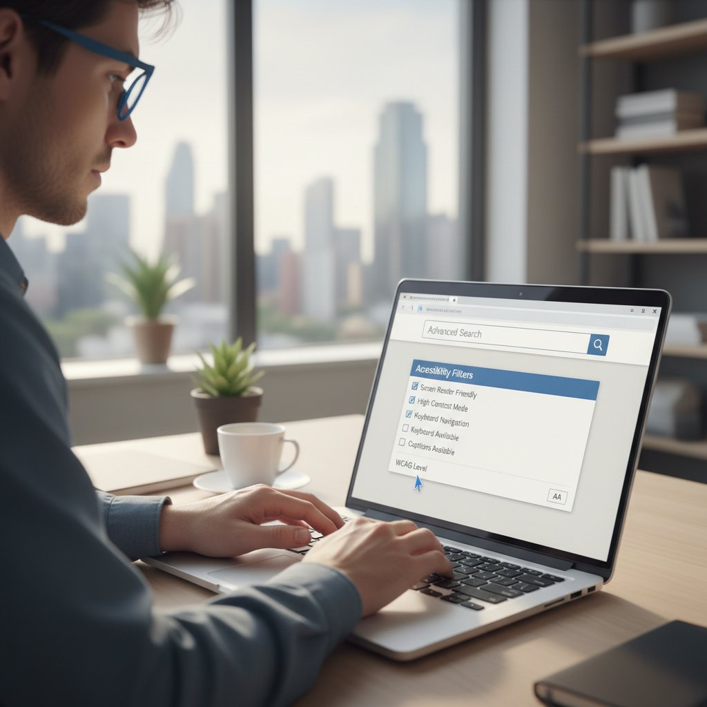 Person using laptop, advanced search filters visible on screen, accessibility icons, focused expression