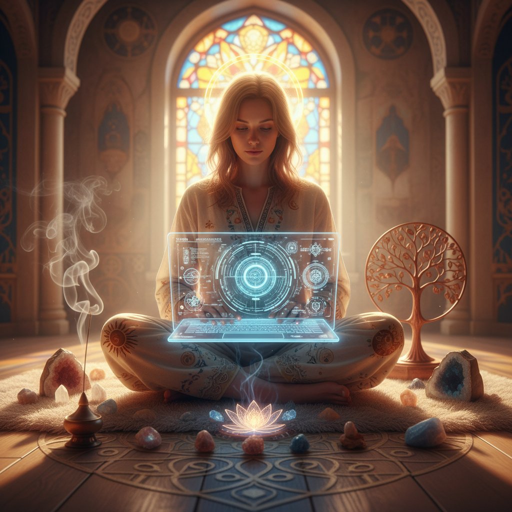 Person arbeitet am Laptop mit KI-orientierter Spirituellen Plattform, Daten und spirituelle Symbole fusionieren