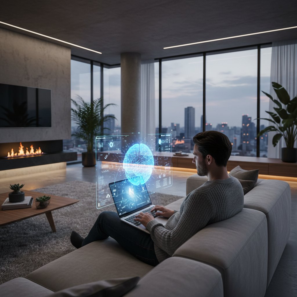 Użytkownik czat.ai korzystający z chatbotów do wsparcia mindfulness w domowym, nowoczesnym otoczeniu