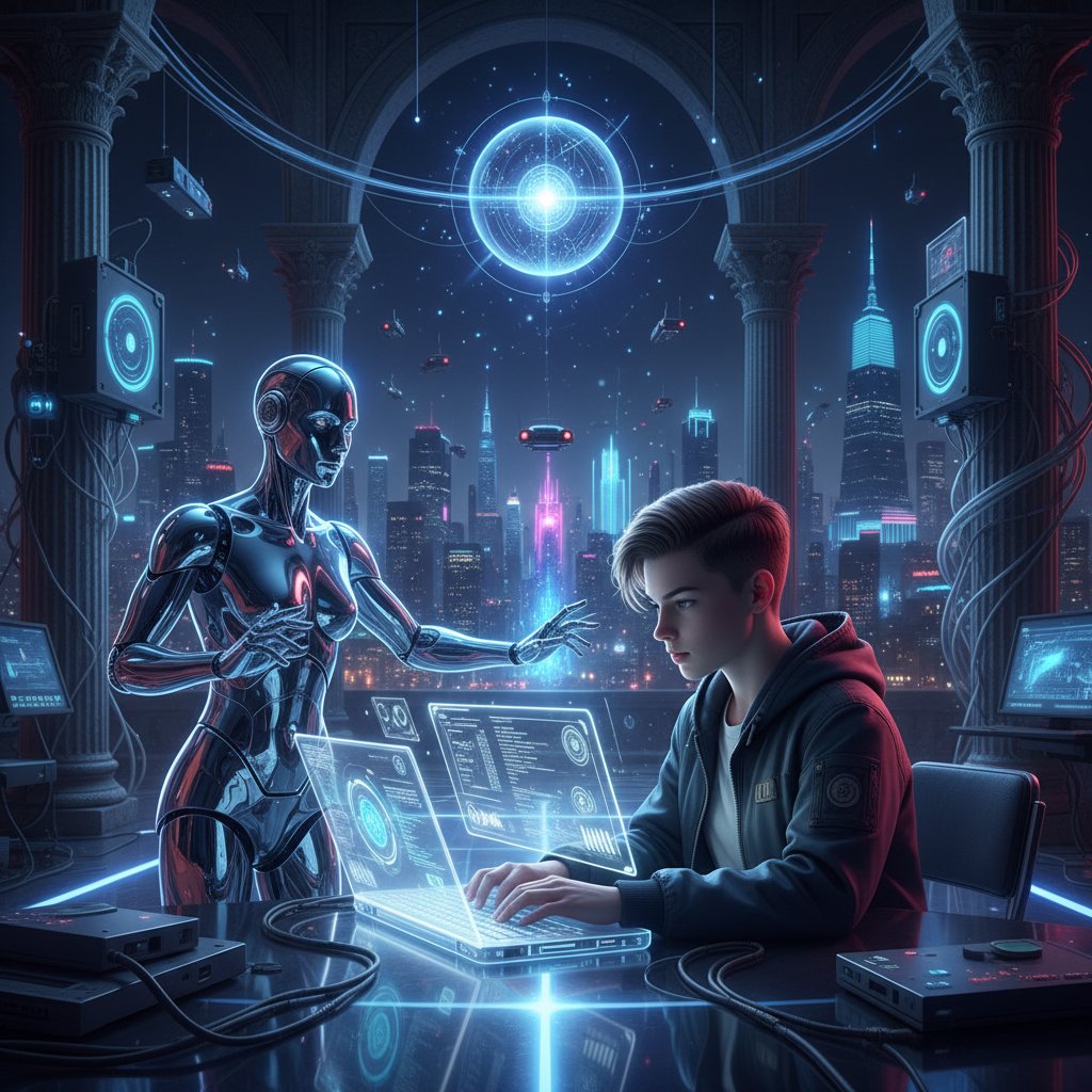 Osoba korzystająca z laptopa, na ekranie widoczny asystent AI, wyraźna atmosfera technologicznej rewolucji