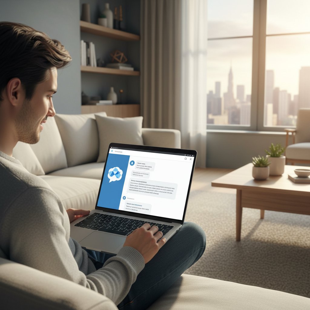 Osoba korzystająca z laptopa, na ekranie widoczna rozmowa z chatbotem AI, nowoczesne otoczenie, inspirująca atmosfera