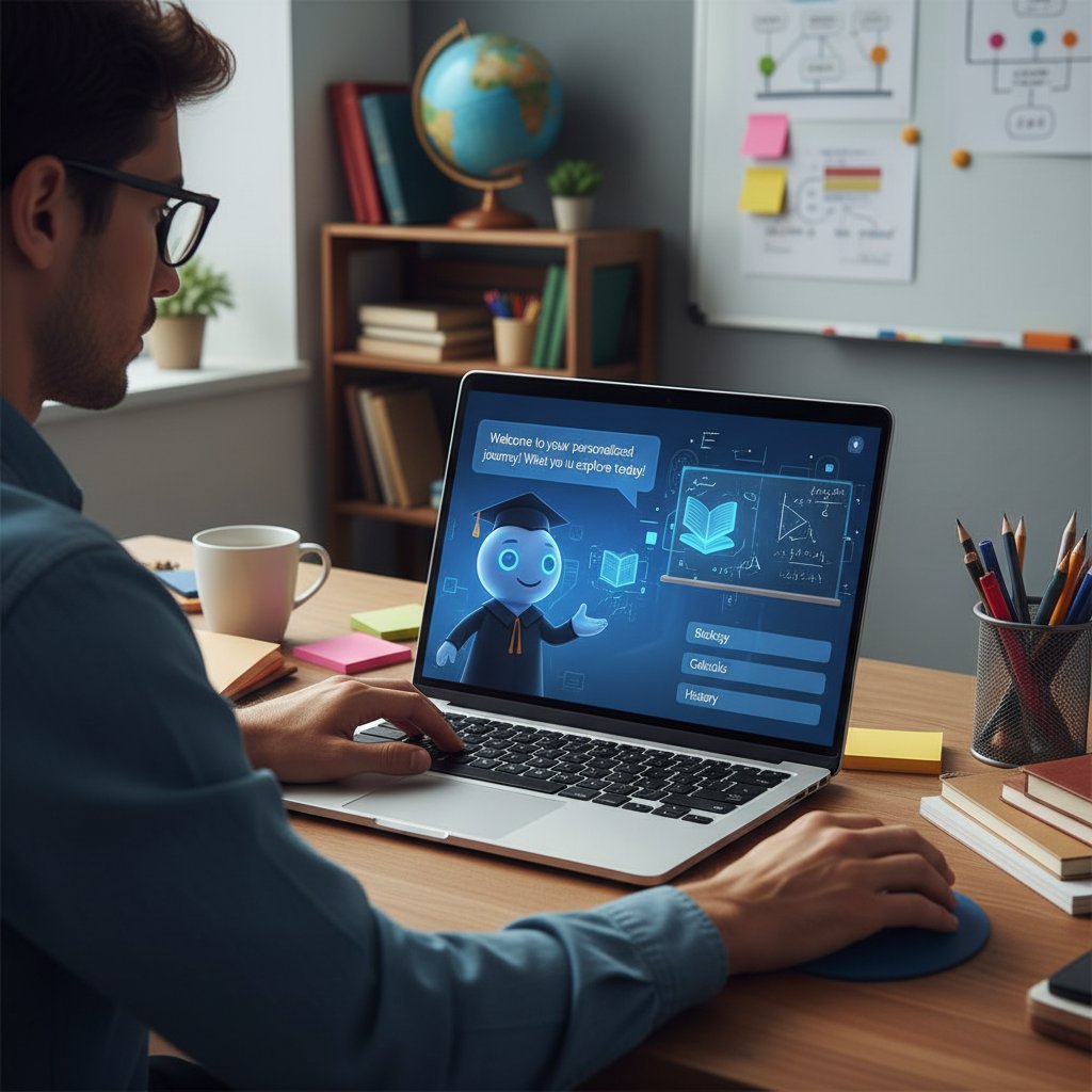 Osoba korzystająca z AI w edukacji, ekran komputera z widocznym chatbotem