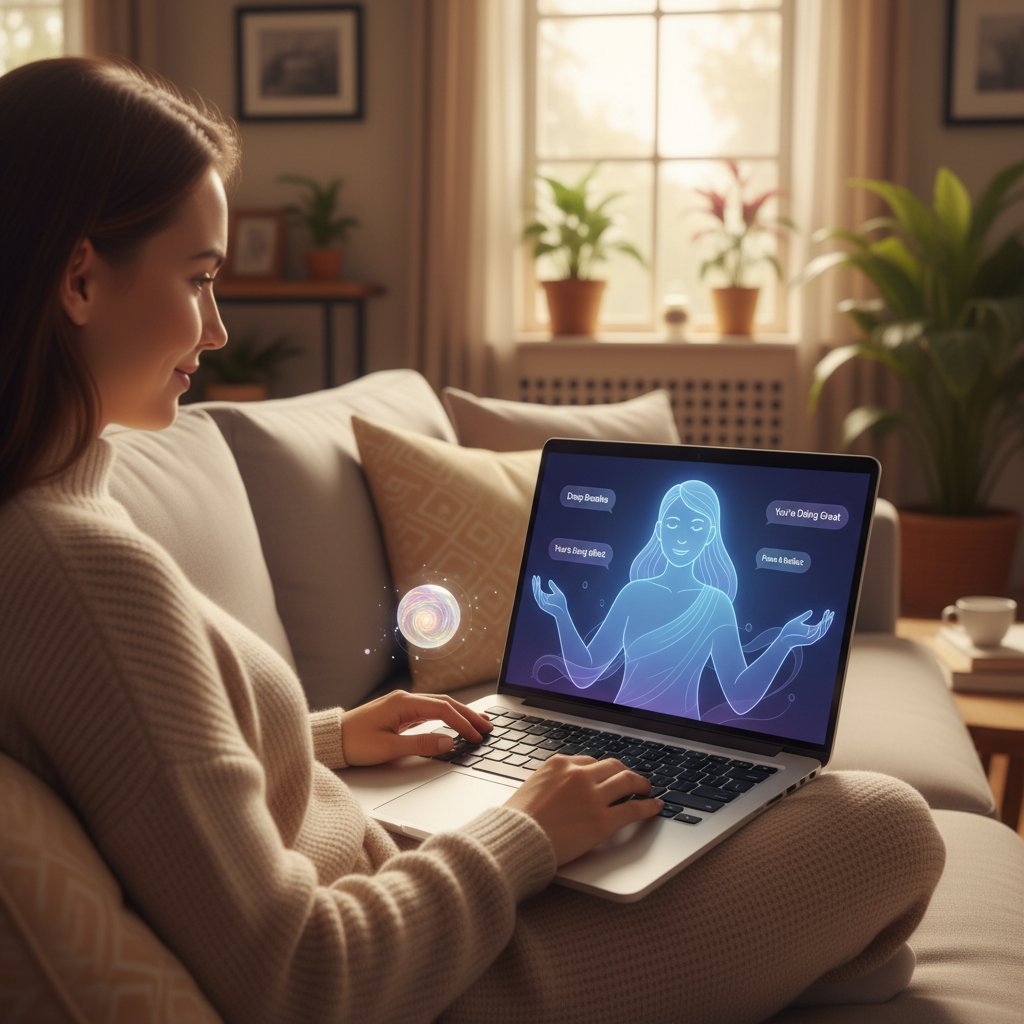 Osoba przed laptopem korzystająca z aplikacji AI wspierającej zdrowie psychiczne