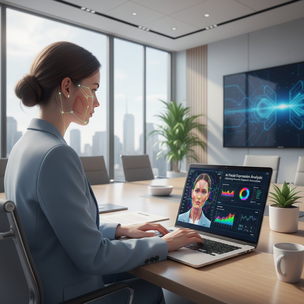 Osoba korzystająca z laptopa, AI analizujące wyraz twarzy i mowę ciała, nowoczesna sala konferencyjna