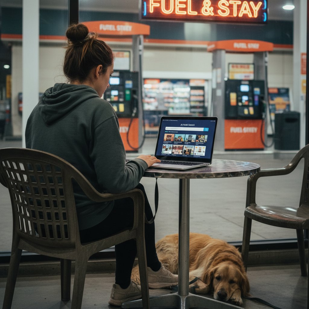 Osoba korzystająca z inteligentnej wyszukiwarki noclegów na laptopie – sztuczna inteligencja hotel stacja benzynowa