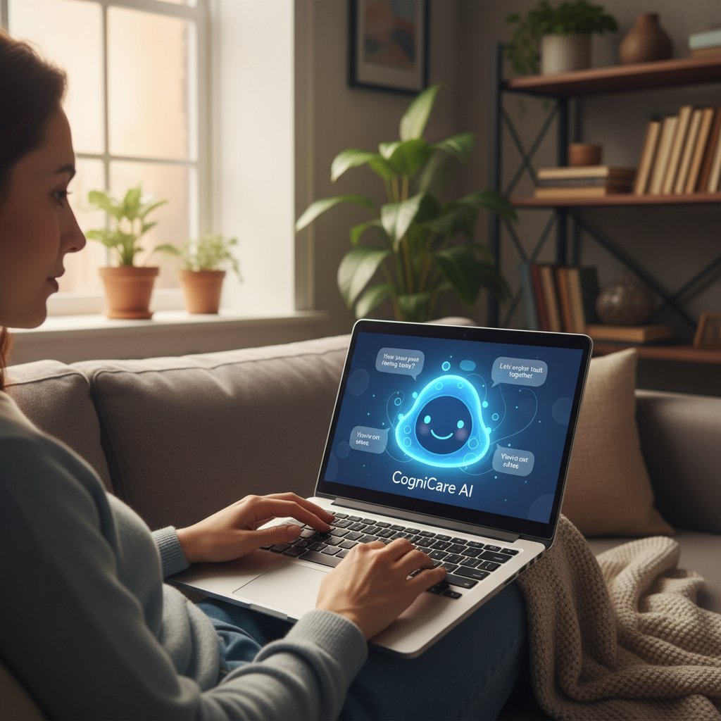 Zdjęcie osoby korzystającej z laptopa podczas wieczornego relaksu, symbolizujące wsparcie AI