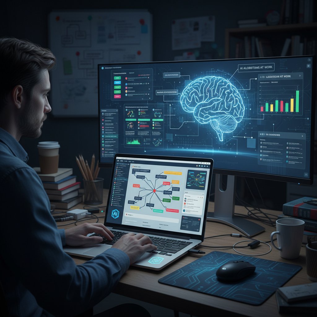 Osoba korzystająca z aplikacji na laptopie do analizy wiadomości online, narzędzia AI na ekranie