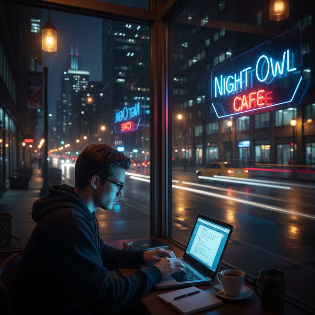 Osoba korzystająca z laptopa oświetlona niebieskim światłem ekranu, miejskie otoczenie nocą, atmosfera niepokoju