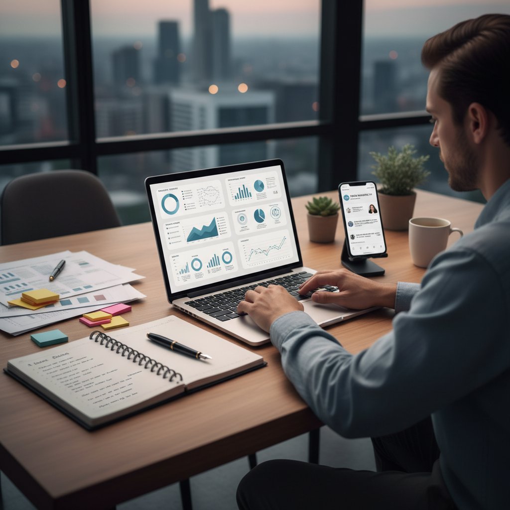Osoba korzystająca z laptopa, analizująca dane kariery na ekranie, wokół notatki i smartfon