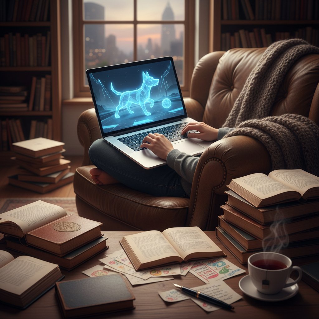 Osoba korzystająca z laptopa z pieskiem AI, otoczona książkami i notatkami