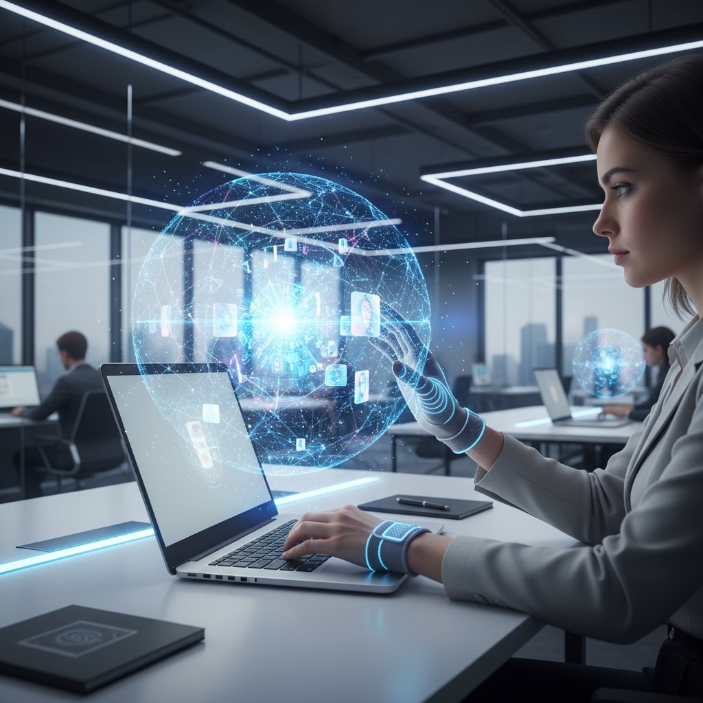 Osoba korzystająca z laptopa, obok cyfrowego ekranu z hologramem symbolizującym AI – człowiek i technologia w pracy