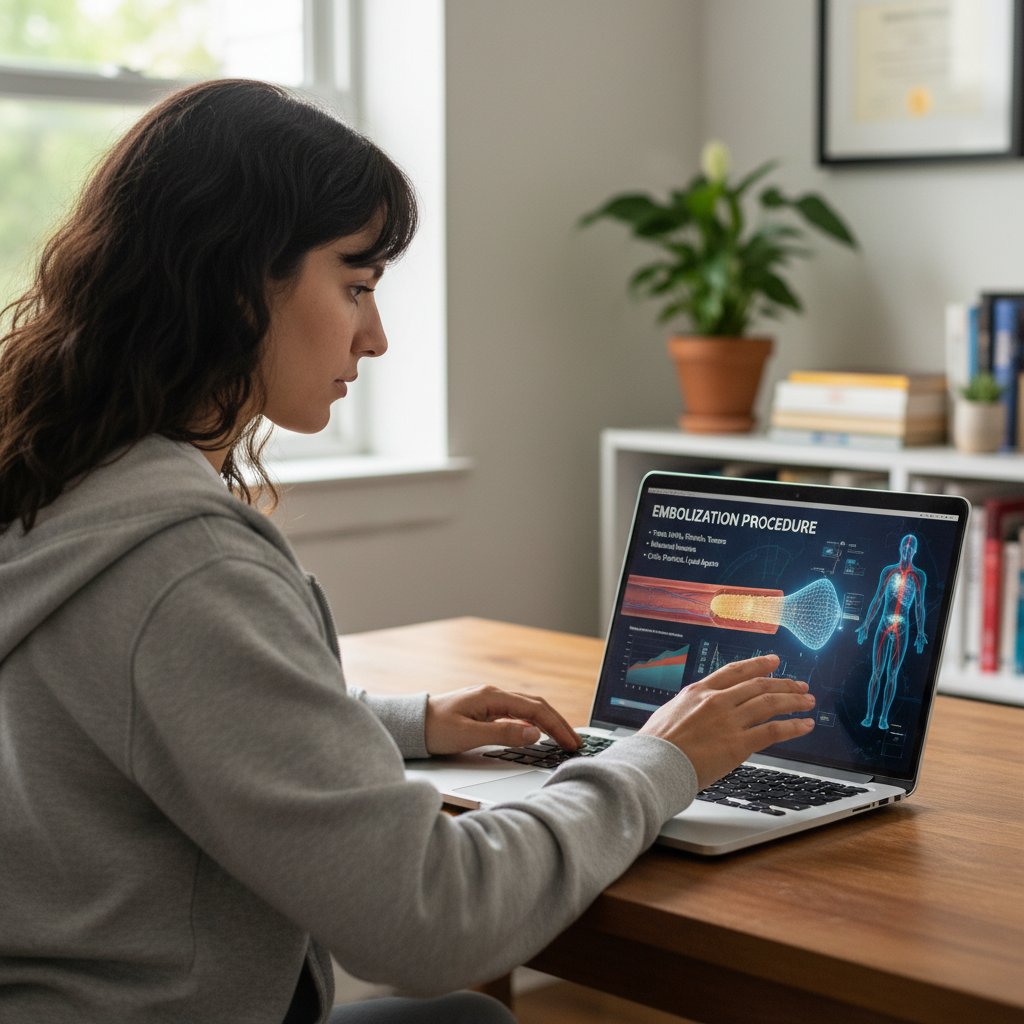 Osoba korzystająca z laptopa, przeglądająca materiały edukacyjne o embolizacji