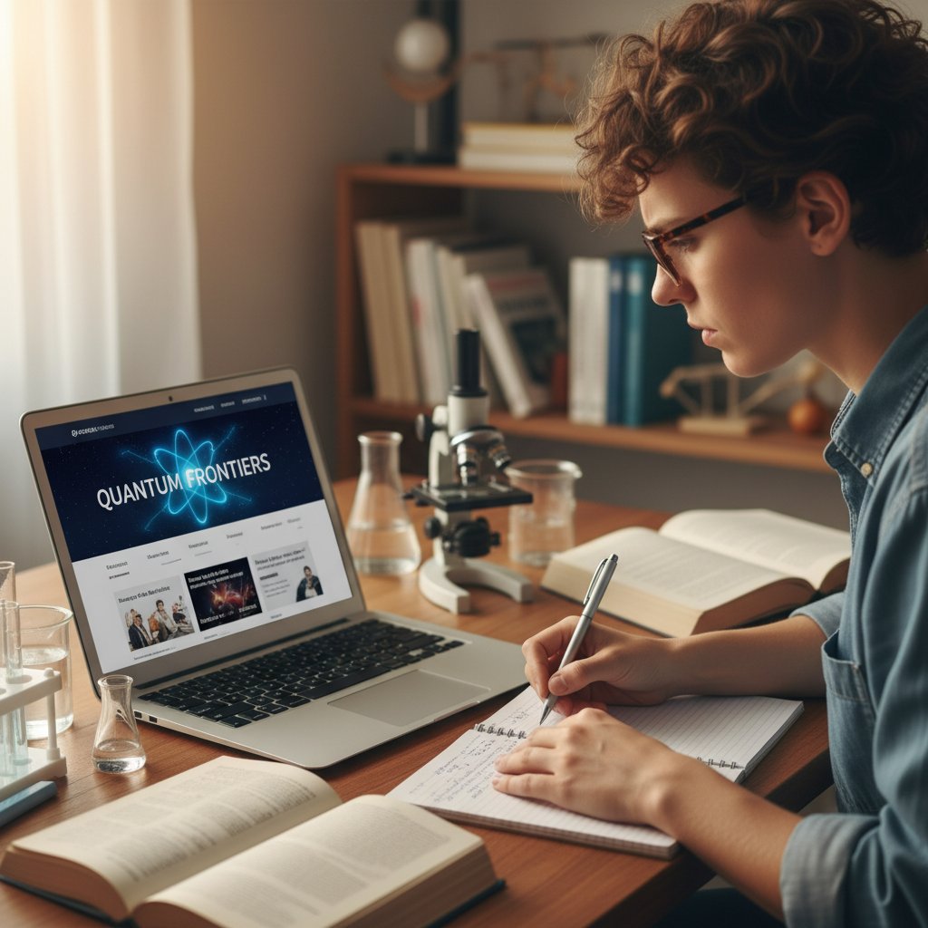 Osoba korzystająca z laptopa, skupiona, na ekranie widać otwartą stronę naukową