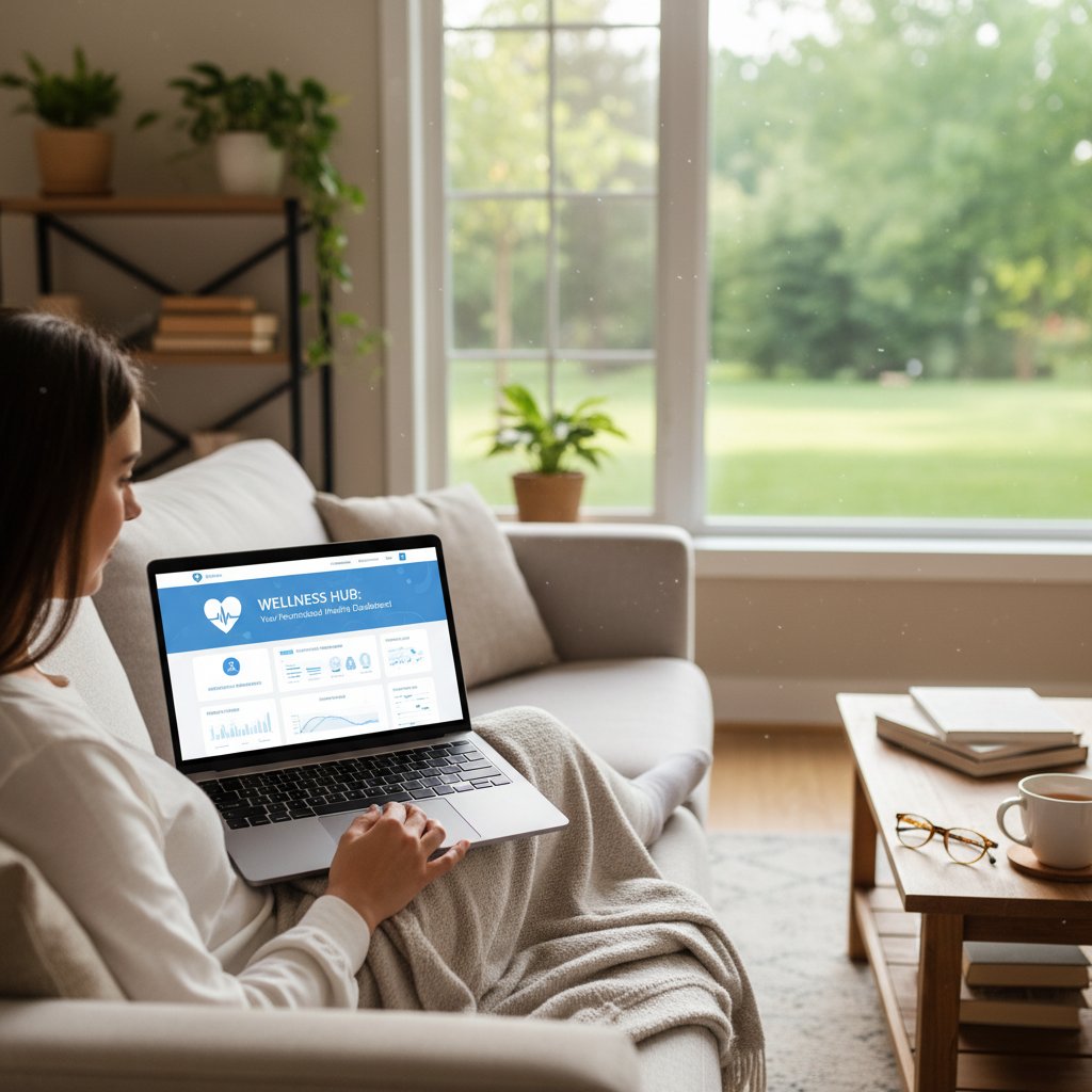 Osoba korzystająca z laptopa, analizująca informacje zdrowotne na ekranie, domowy klimat