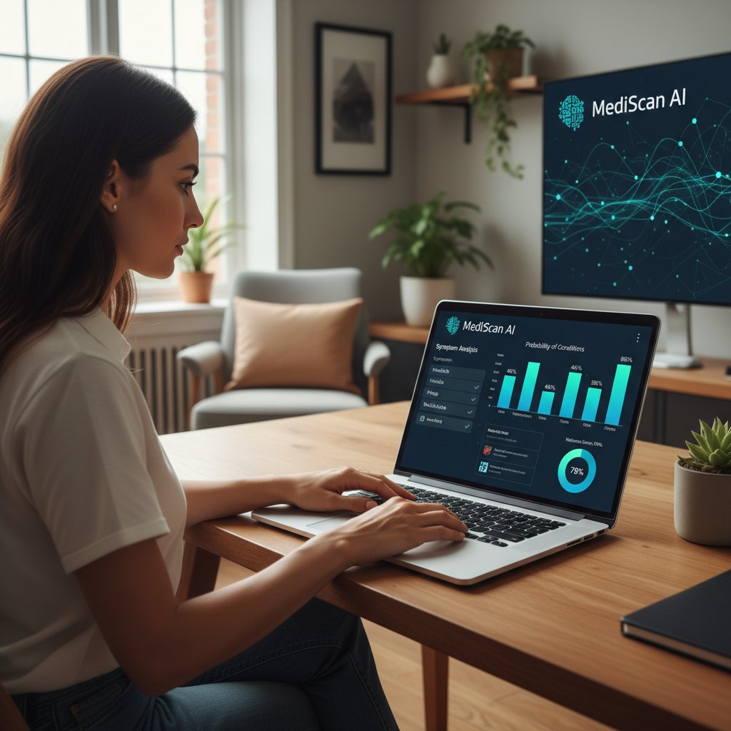 Osoba korzystająca z laptopa podczas analizy objawów zdrowotnych, ekran z logo AI i wykresem