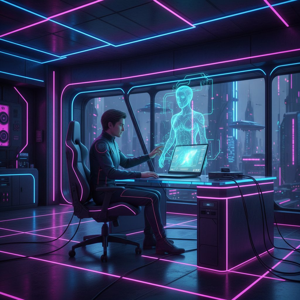 Symulator rozmów AI w akcji – osoba przy laptopie, holograficzne avatary AI, nowoczesny home office, neonowe światło