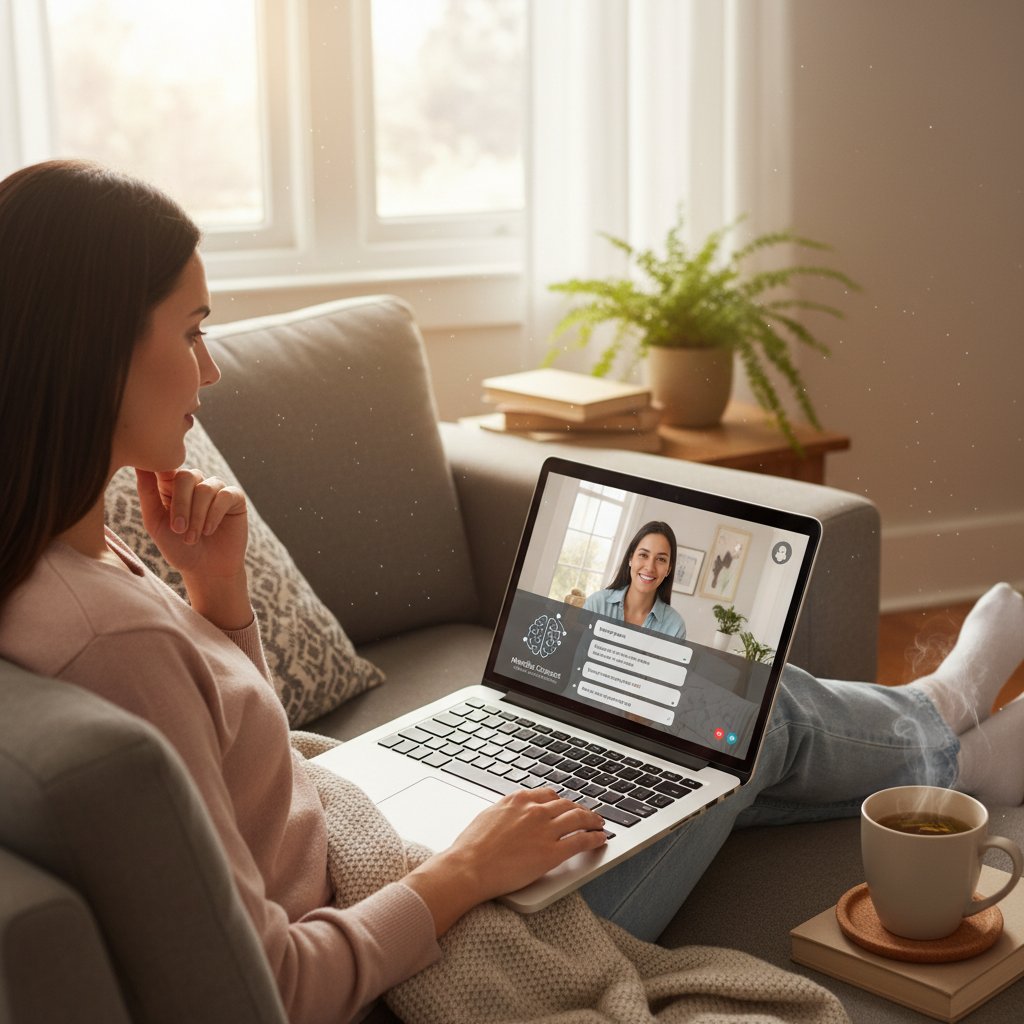 Zdjęcie młodej osoby korzystającej z laptopa w domowym zaciszu, symbolizujące cyfrowe wsparcie w zdrowiu psychicznym