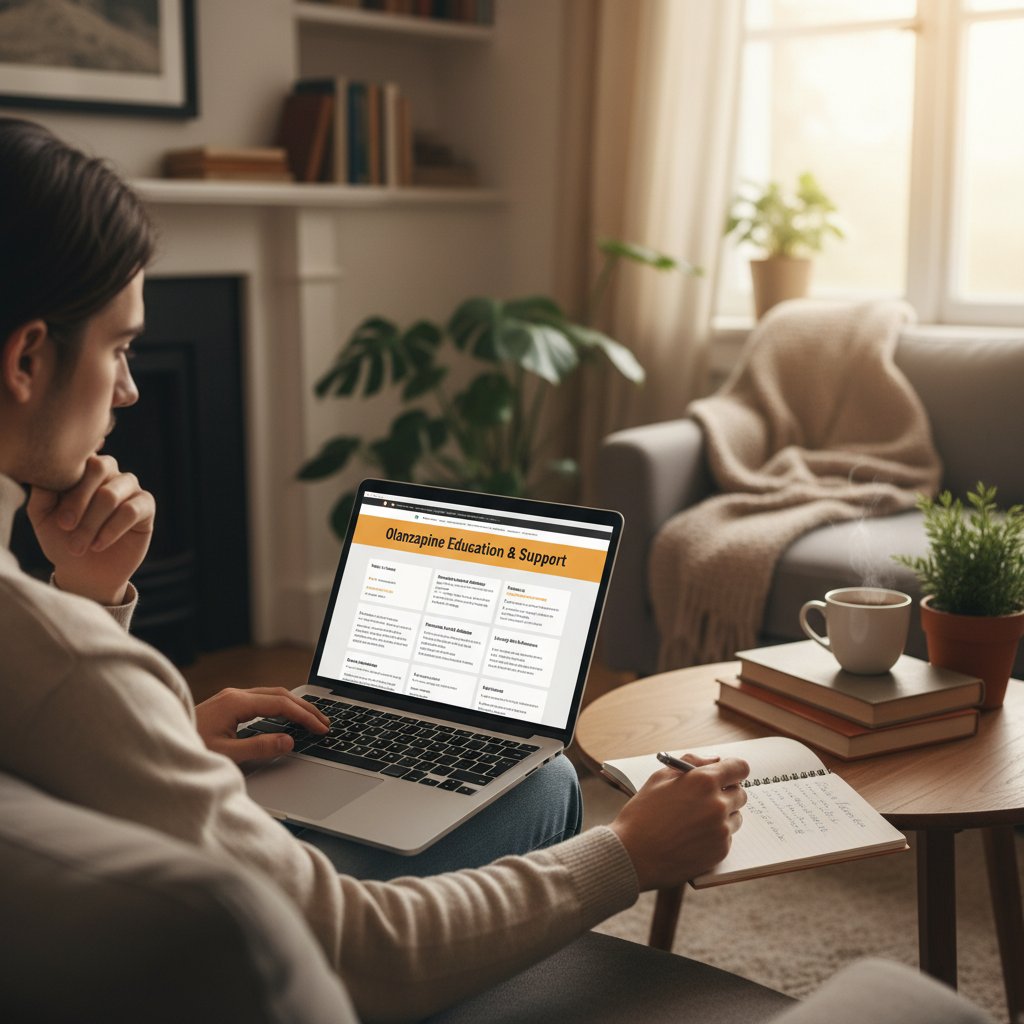 Osoba korzystająca z laptopa w domowym otoczeniu, na ekranie wyświetlona strona edukacyjna o olanzapinie