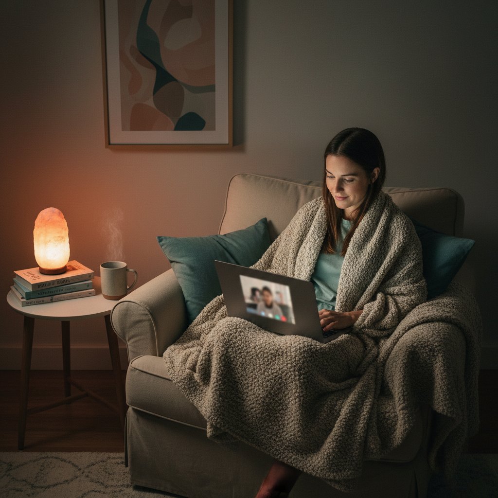 Osoba korzystająca z laptopa, światło ekranu odbija się w oczach, atmosfera intymności i napięcia, tematyka AI psychologicznej