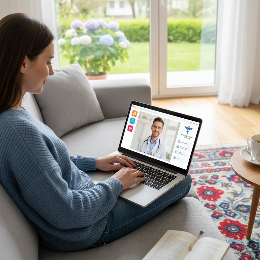 Osoba korzystająca z laptopa w domu, na ekranie widoczny serwis medyczny, spokojna atmosfera, polska rzeczywistość