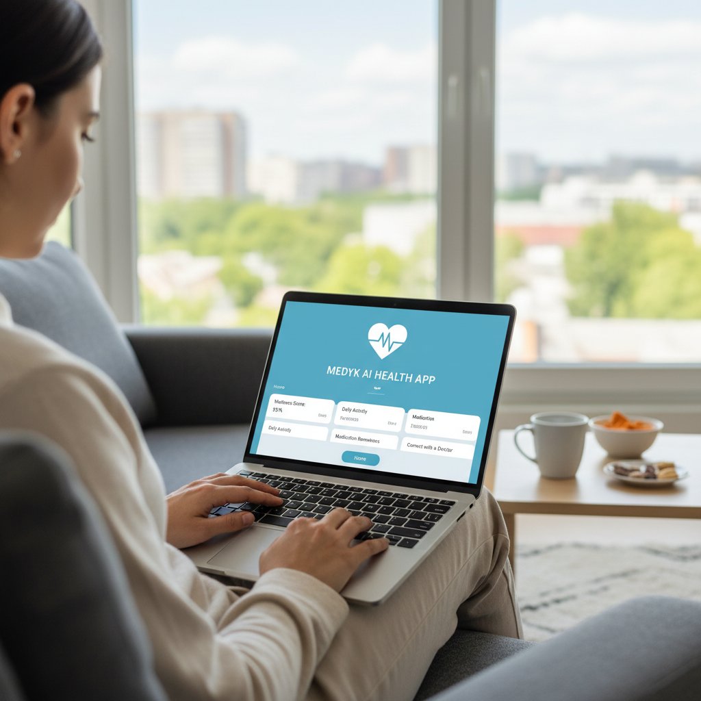 Osoba korzystająca z laptopa, na ekranie widoczna aplikacja medyk.ai, spokojna atmosfera domowa