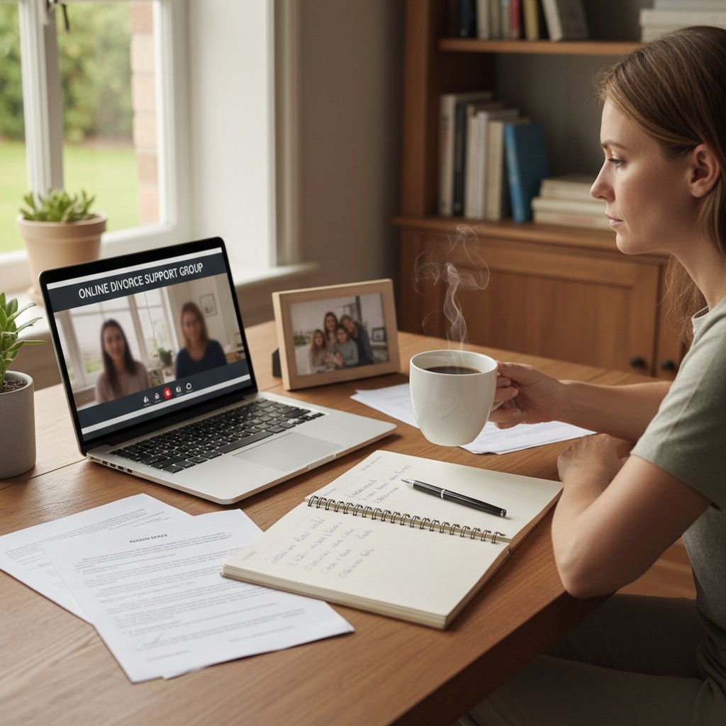 Osoba korzystająca z laptopa, otoczona notatkami i kubkiem kawy – nauka i wsparcie online po rozwodzie