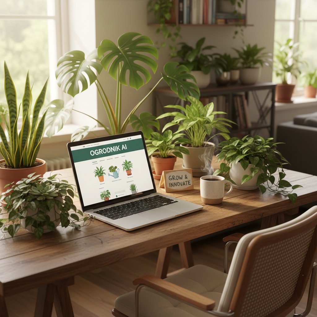 Osoba korzystająca z ogrodnik.ai przy pielęgnacji roślin doniczkowych, nowoczesny workspace otoczony zielenią