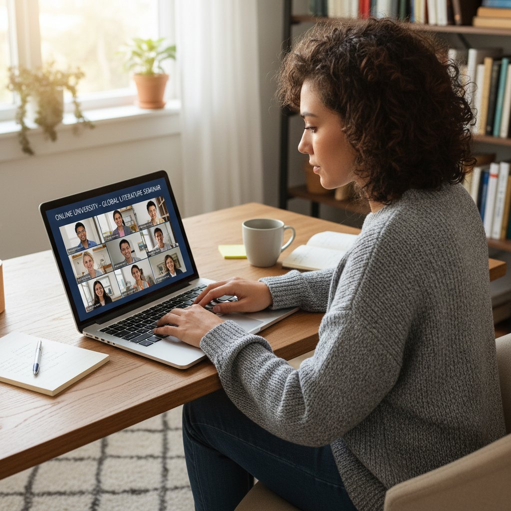 Osoba korzystająca z serwisu edukacyjnego online na tle domowego biura