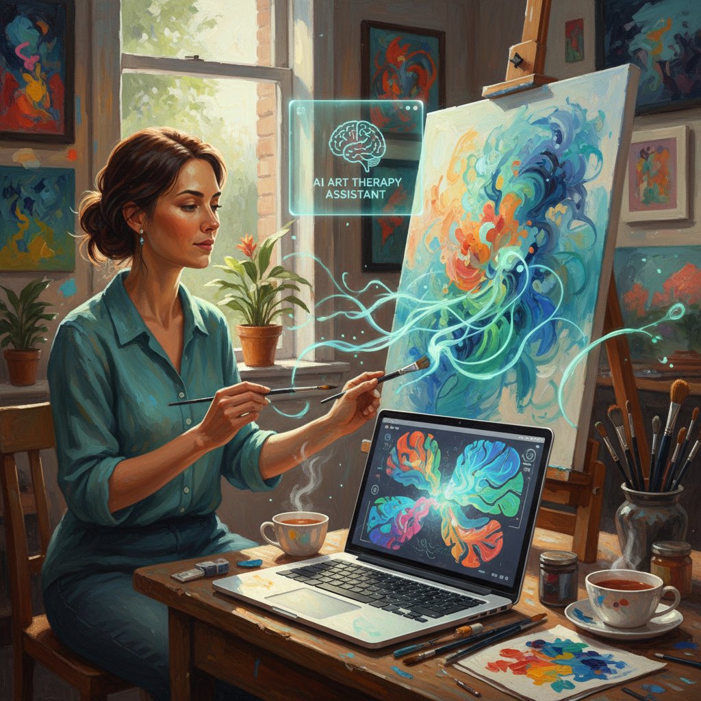 Osoba korzystająca z laptopa podczas malowania, wsparcie AI w tle