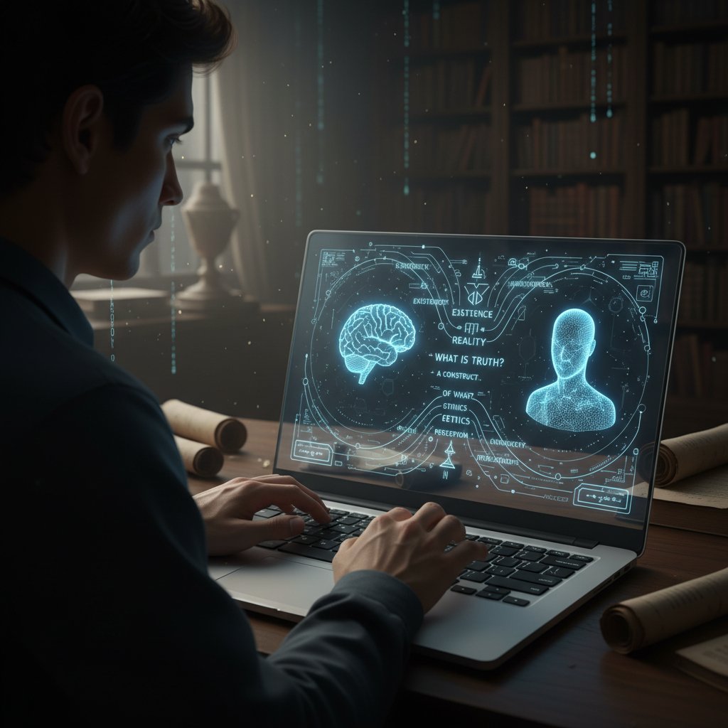 Osoba korzystająca z laptopa, widok ekranu z debatą filozoficzną, elementy interfejsu AI, atmosfera skupienia