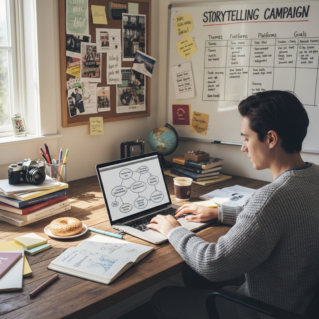 Osoba korzystająca z laptopa do planowania kampanii storytellingowej, inspiracja, narzędzia
