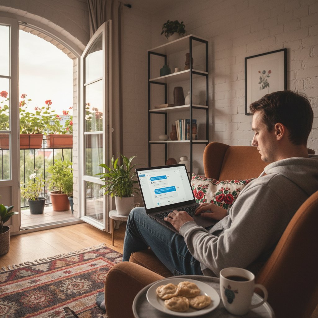 Młoda osoba korzystająca z laptopa w polskim mieszkaniu, ekran z otwartym czatem AI