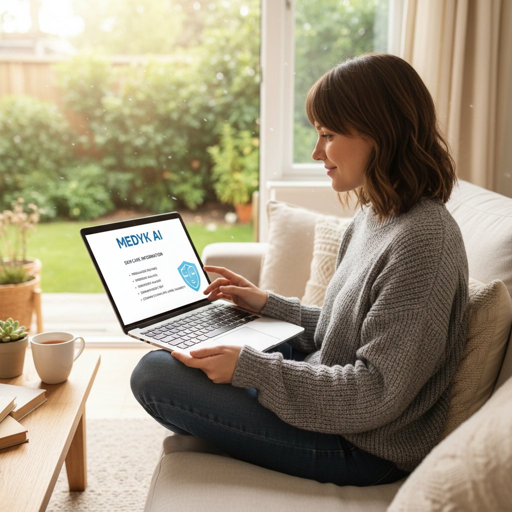 Osoba korzystająca z laptopa, przeglądająca stronę medyk.ai w poszukiwaniu informacji o peelingu kawitacyjnym