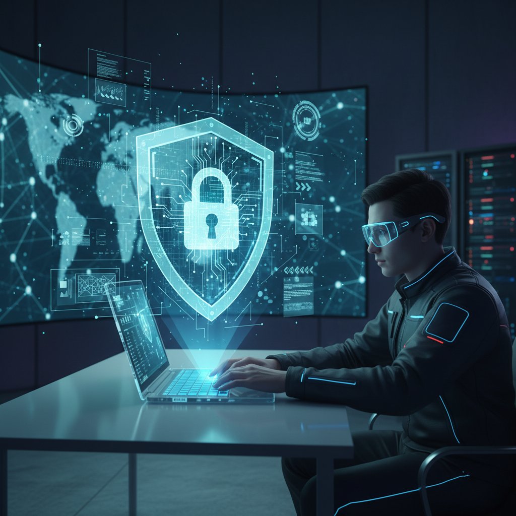 Zdjęcie osoby korzystającej z laptopa z wyświetlonym symbolem tarczy i kłódki, nowoczesne technologie