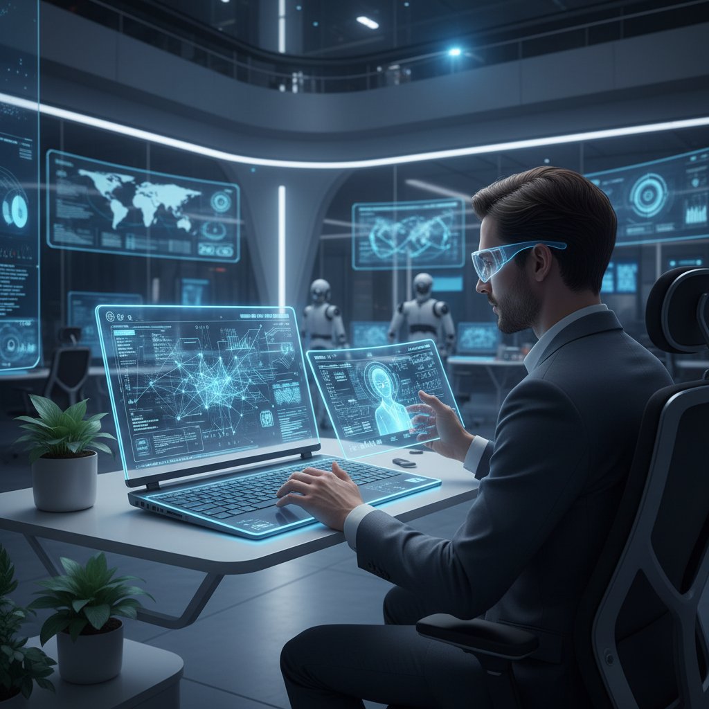 Osoba pracująca z laptopem i tabletem, korzystająca z zaawansowanych funkcji AI w biurze