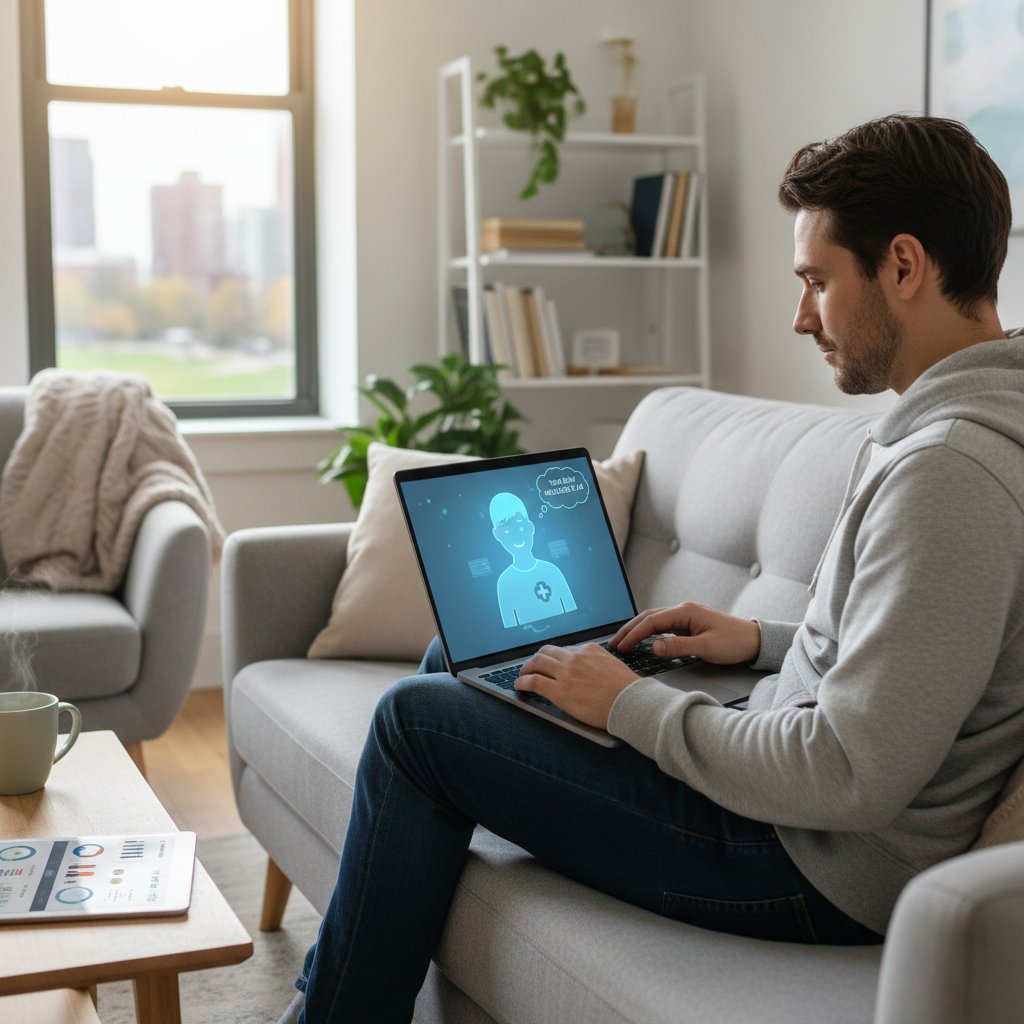 Osoba korzystająca z laptopa, wirtualny asystent zdrowotny, domowe warunki