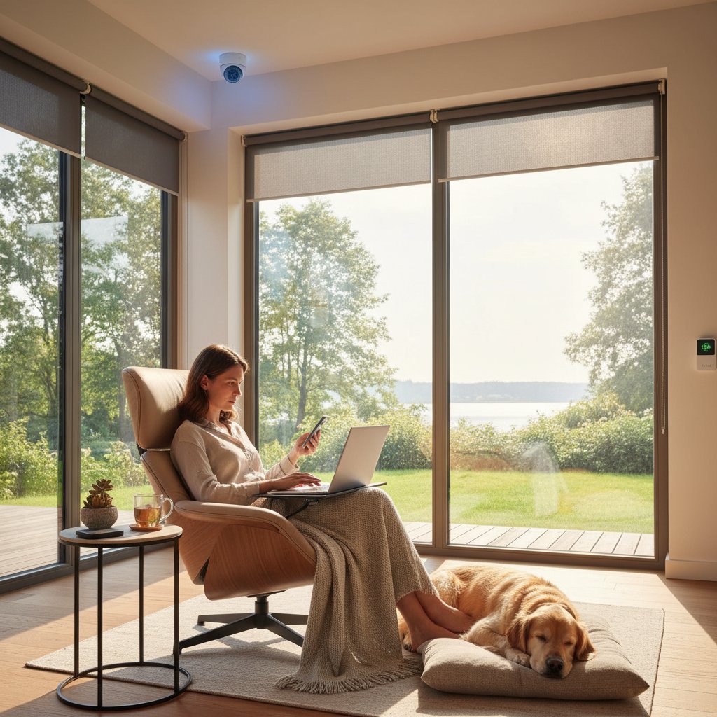 Osoba z telefonem i laptopem, spokojna atmosfera, symbol bezpieczeństwa i kontrolowanego środowiska