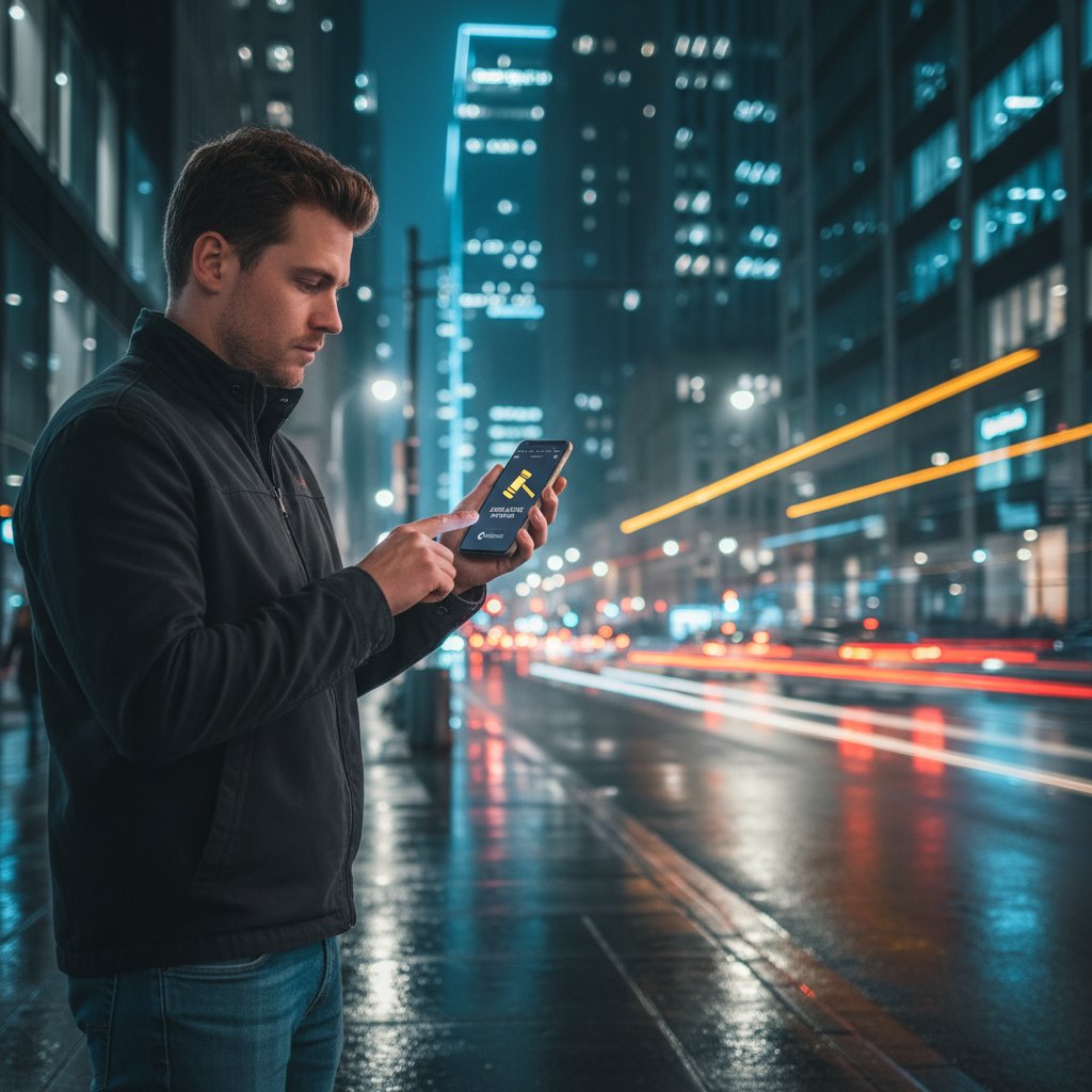 Osoba korzystająca z aplikacji prawniczej na telefonie w miejskim otoczeniu