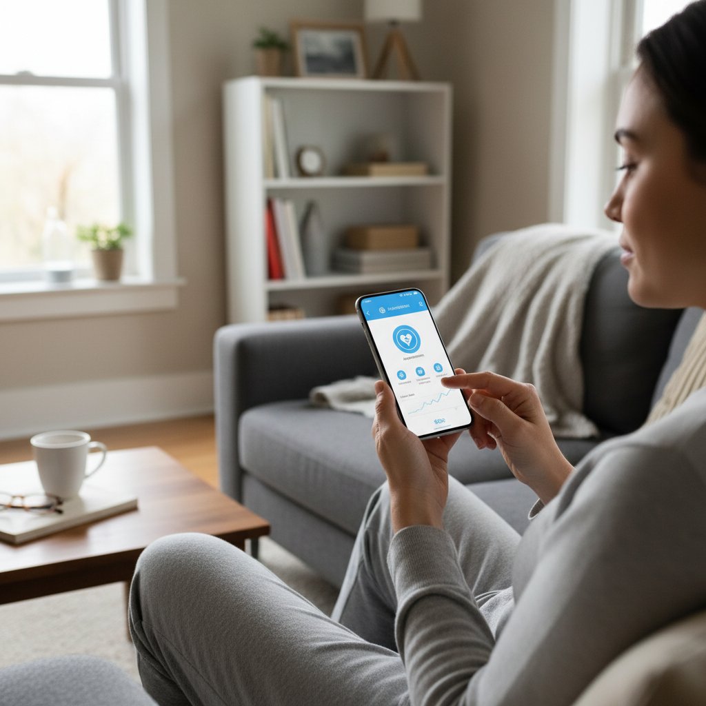 Osoba korzystająca z aplikacji medycznej na smartfonie, spokojna atmosfera domowa