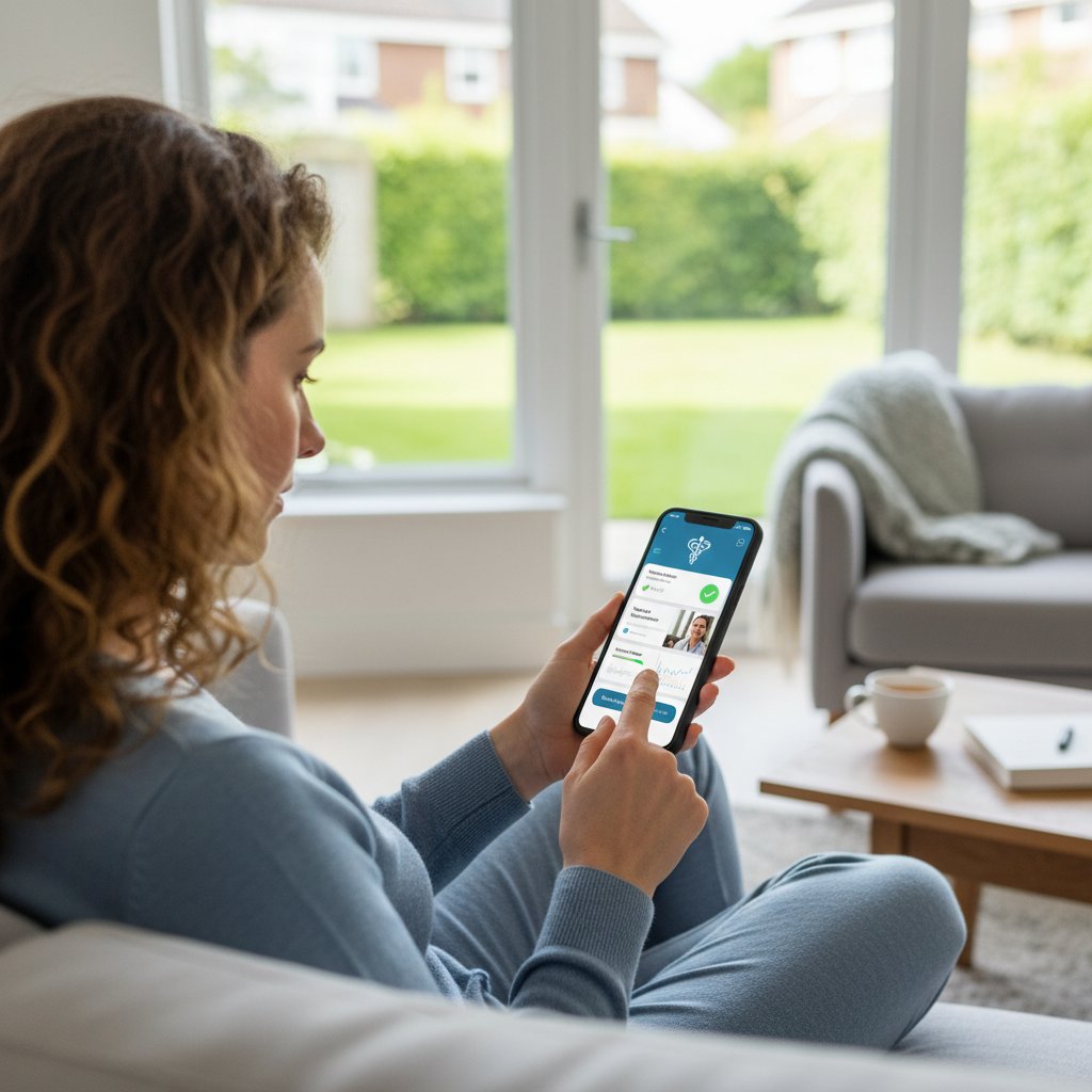 Osoba korzystająca z aplikacji medycznej na smartfonie w środowisku domowym