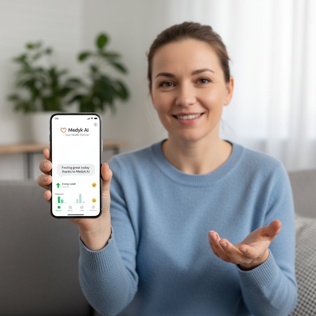 Osoba korzystająca z medyk.ai na smartfonie, uśmiechnięta, wsparcie technologii w codziennym życiu zdrowotnym