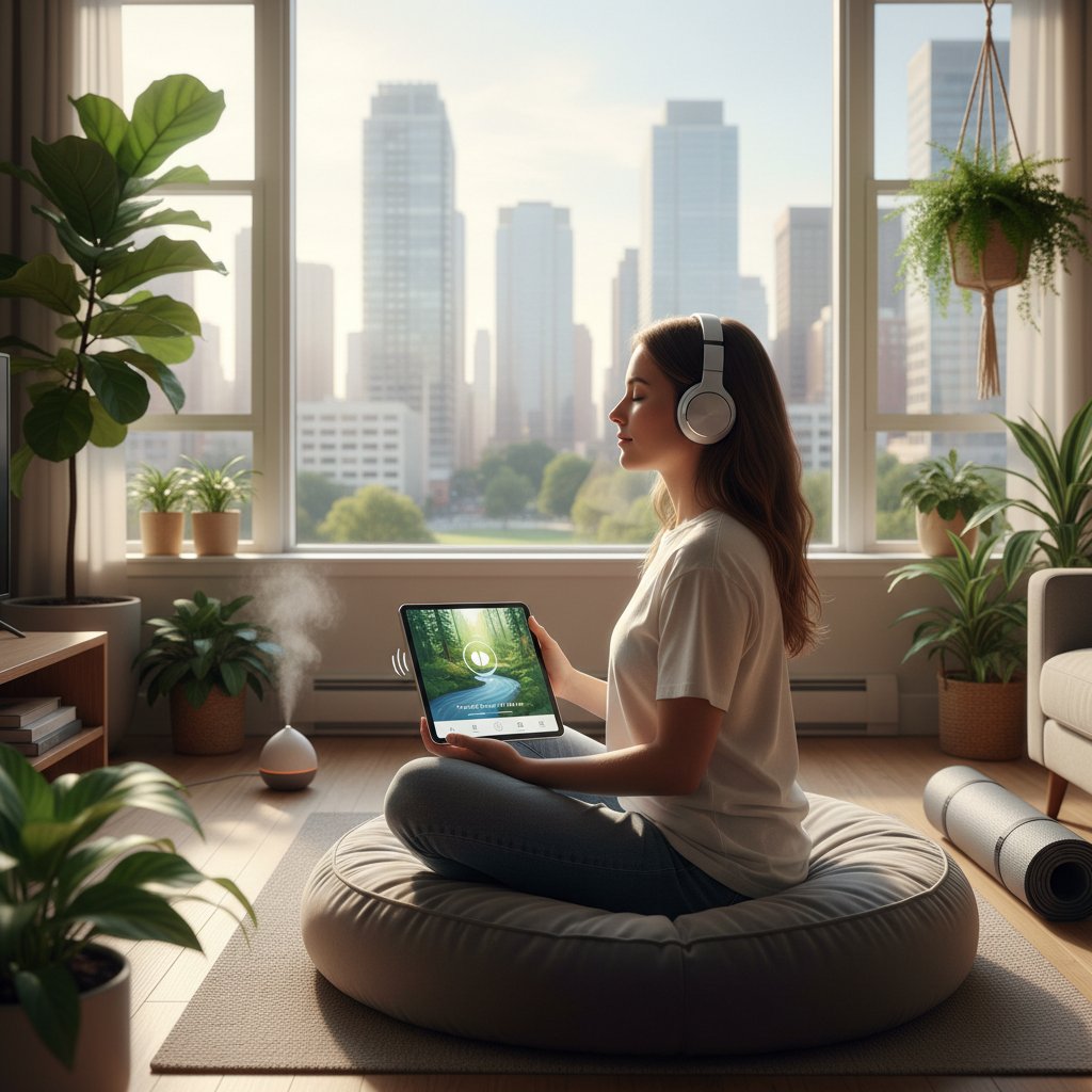 Osoba korzysta z aplikacji mindfulness z dźwiękami przyrody w miejskim mieszkaniu