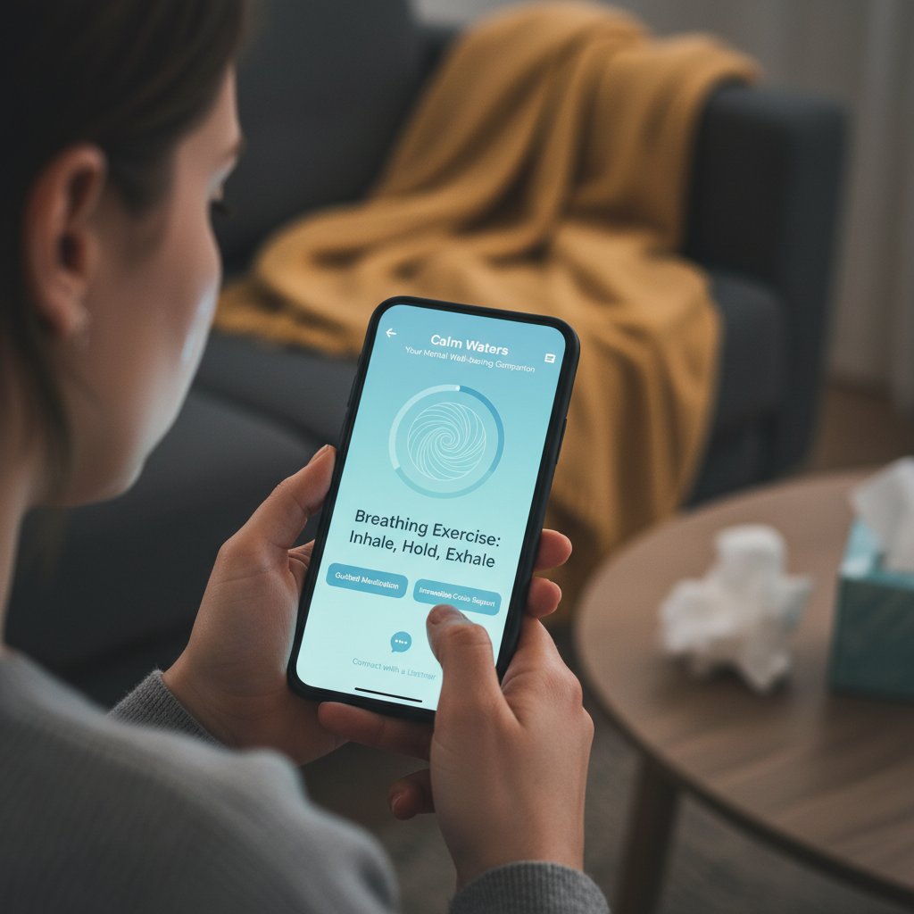 Osoba korzystająca z aplikacji do ćwiczeń mindfulness na smartfonie – wsparcie w kryzysie psychicznym