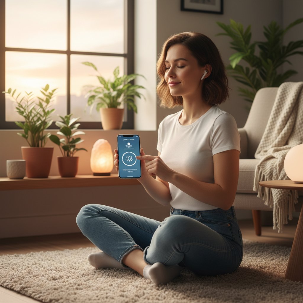 Zdjęcie osoby korzystającej z aplikacji mindfulness na smartfonie