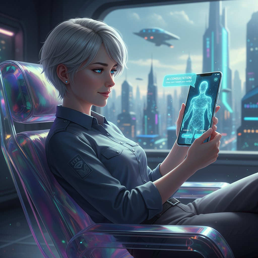 Osoba korzystająca z nowoczesnej aplikacji mobilnej do konsultacji AI, przyszłość porad eksperckich