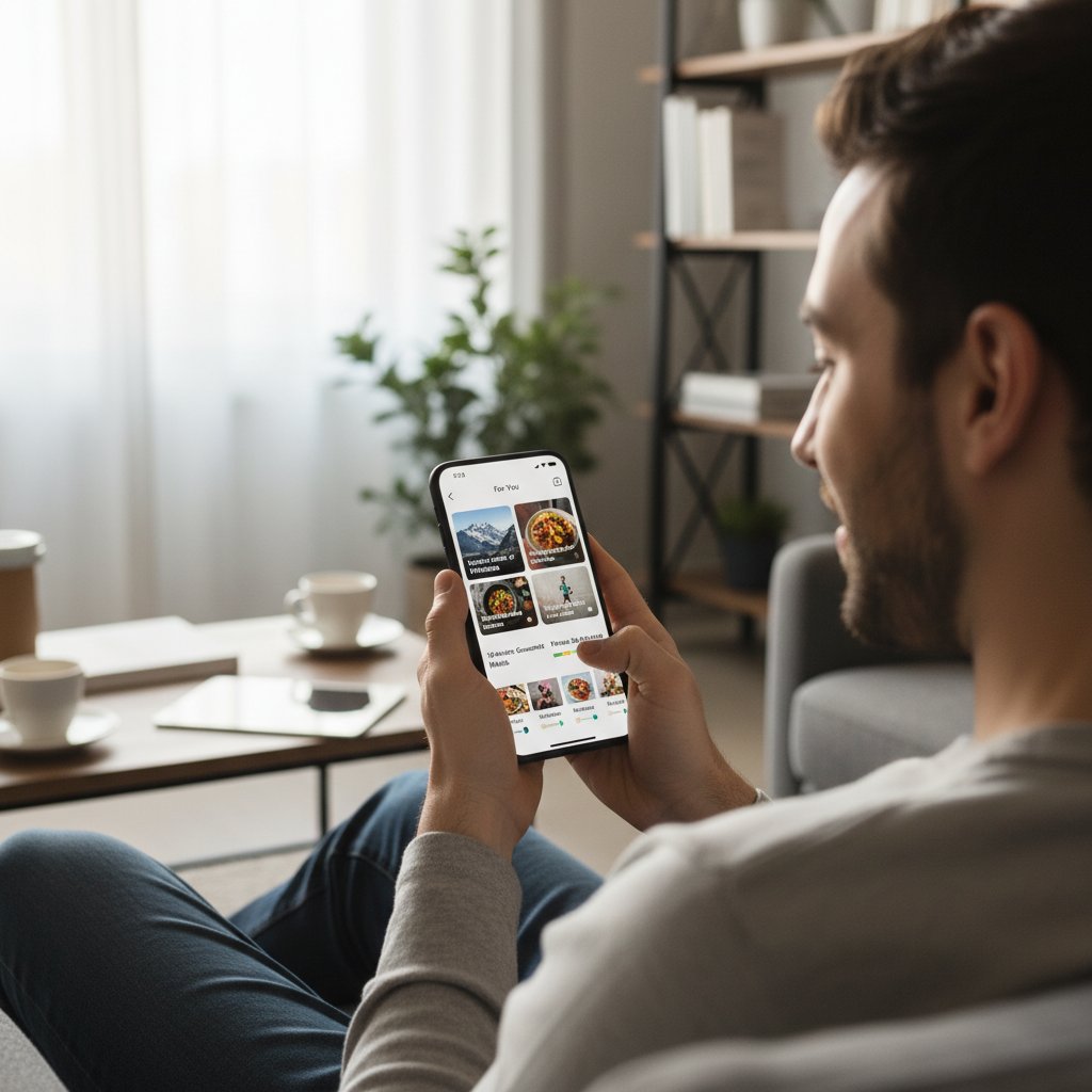 Osoba korzystająca z rekomendacji treści w aplikacji mobilnej, zmiana konsumpcji informacji