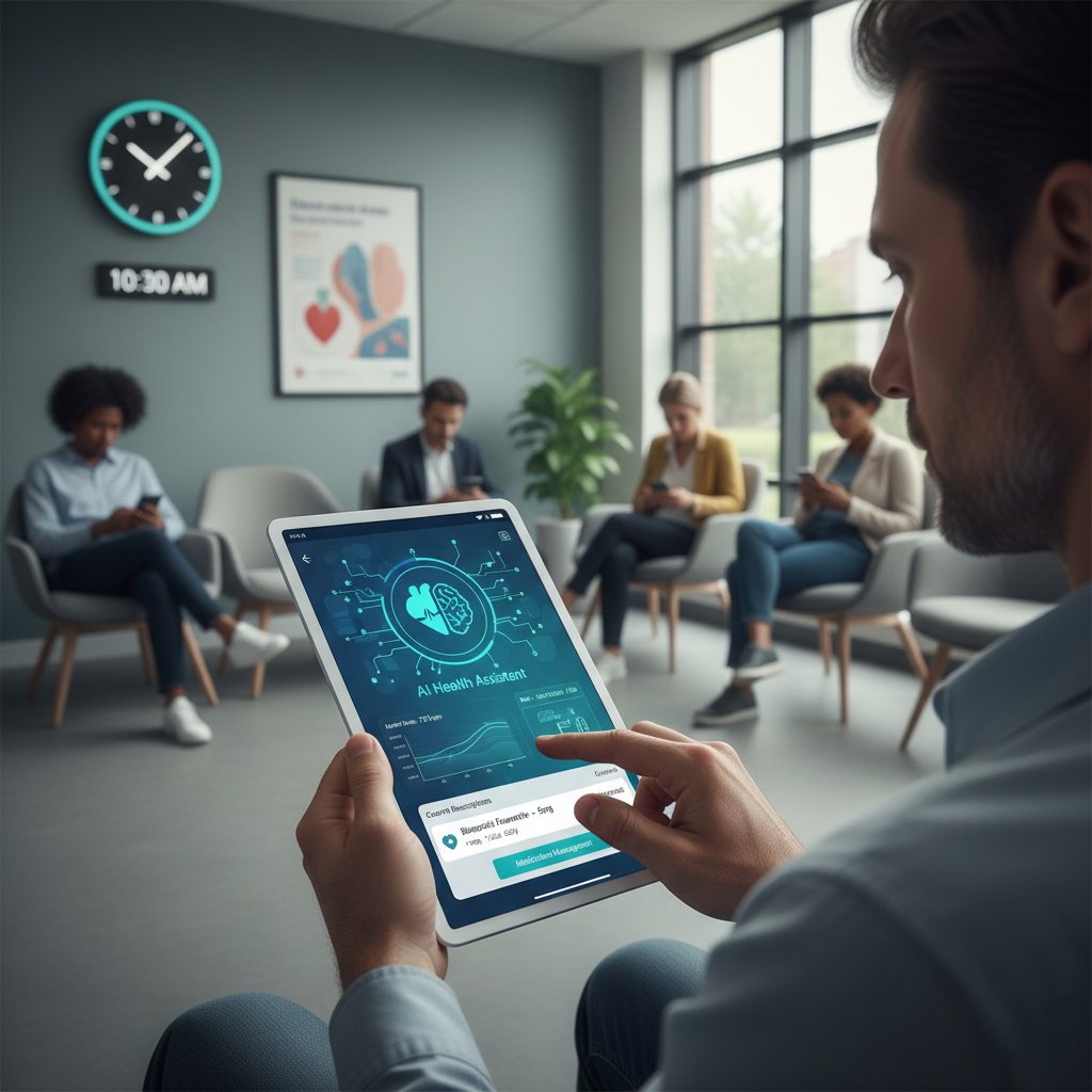 Osoba korzystająca z aplikacji mobilnej medyk.ai na tle szpitala, wyraźny napis „AI Health” na ekranie