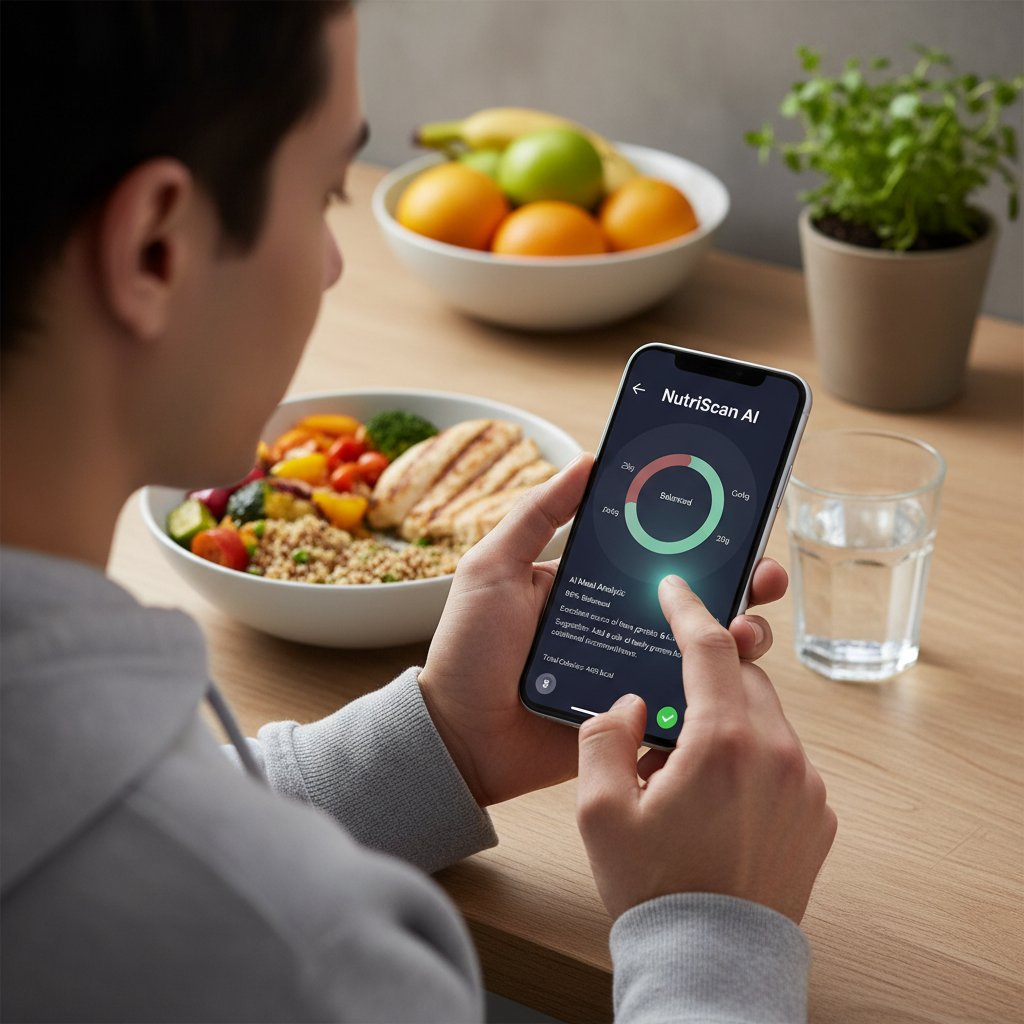 Osoba korzystająca z aplikacji mobilnej dietetycznej, analiza posiłków na ekranie – wsparcie AI w zdrowej diecie
