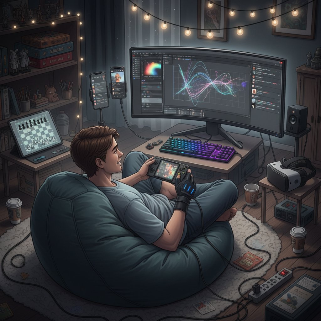 Osoba korzystająca z kilku urządzeń jednocześnie – laptop, tablet, telefon – rozwija różne hobby online